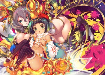 2girls belt bikini black_bikini black_hair breasts carnival_(wixoss) character_request cleavage closed_mouth gold_shoes green_eyes grey_hair large_breasts long_hair looking_at_viewer mayusaki_yuu medium_hair multiple_girls official_art open_mouth purple_thighhighs shoes small_breasts swimsuit thighhighs white_belt wixoss