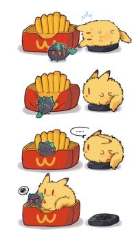 ... :< :3 ^^^ arknights brand_name_imitation brown_eyes ceobe_(arknights) closed_eyes closed_mouth dusk_(arknights) food french_fries highres mcdonald's no_humans red_eyes shadow simple_background spoken_ellipsis spoken_squiggle squiggle white_background yu_kaoxiang