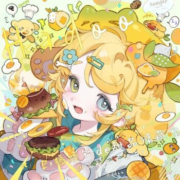1girl animal_ears animal_hands blonde_hair blue_eyes blush burger chef_hat commission eating eyelashes fang flag flower food fried_egg green_eyes hair_flower hair_ornament hat heterochromia highres juzi_doubanjiang long_hair looking_at_viewer mihuashi_commission open_mouth original short_eyebrows sidelocks solo speech_bubble square tongue watermark