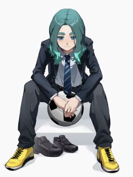 1boy alternate_costume aqua_hair bad_tag ball black_jacket black_pants black_shoes blue_eyes blue_necktie collared_shirt gqwittull highres inazuma_eleven_(series) inazuma_eleven_victory_road jacket looking_at_viewer male_focus medium_hair multicolored_hair necktie open_clothes open_jacket pants sasanami_unmei shirt shoes simple_background sitting soccer_ball solo striped_necktie two-tone_hair unworn_shoes white_background white_shirt yellow_shoes