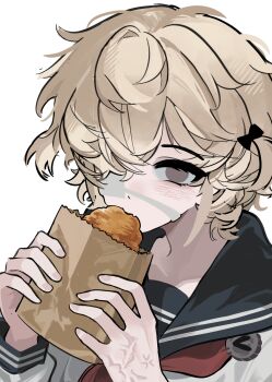 1girl absurdres amo0876310 black_bow blonde_hair blush bow brown_eyes burn_scar buttons chocolate_cornet eating eyepatch fang florian_brand food genderswap genderswap_(mtf) hair_bow hair_over_one_eye highres holding holding_food identity_v long_sleeves looking_at_viewer medical_eyepatch messy_hair neckerchief one_eye_covered red_neckerchief sailor_collar scar school_uniform serafuku shirt short_hair short_side_ponytail simple_background solo upper_body white_background white_shirt