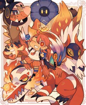 1girl akadako backpack bag black_eyes border braid bright_pupils brown_hair commentary_request farigiraf fire glimmora grin highres juliana_(pokemon) koraidon luxury_ball mole mole_under_eye necktie nintendo open_mouth orange_shorts poke_ball pokemon pokemon_(creature) pokemon_sv red_necktie shirt shorts skeledirge slither_wing smile tatsugiri v white_border white_pupils white_shirt yellow_eyes