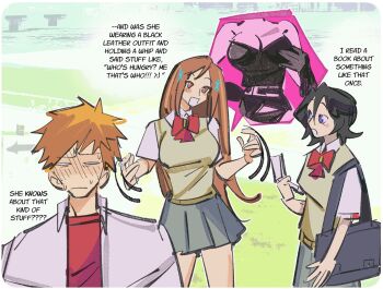 1boy 2girls black_hair bleach dominatrix english_text inoue_orihime kuchiki_rukia kurosaki_ichigo long_hair multiple_girls orange_hair short_hair tagme