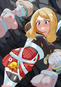1other 3girls absurdres bdsm black_shirt black_thighhighs blindfold blonde_hair bondage bound breasts captured completely_nude gagged gen_5_pokemon green_hair hat heart high-waist_skirt highres joltik katy_(pokemon) large_breasts multiple_girls nintendo nipples nude outdoors oyu_(suukaizou) pleated_skirt pokemon pokemon_sv pokemon_xy red_skirt serena_(pokemon) shirt skirt sleeveless sleeveless_shirt thighhighs torn_clothes torn_shirt torn_skirt viola_(pokemon) zettai_ryouiki