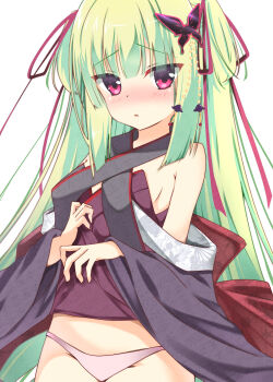 1girl :o absurdres back_bow bare_shoulders black_kimono blunt_bangs blunt_ends blush bow breasts butterfly_hair_ornament clothes_lift commentary cowboy_shot criss-cross_halter embarrassed green_hair hair_ornament hair_ribbon halterneck hands_up highres japanese_clothes kimono kimono_lift lifting_own_clothes long_hair long_ribbon long_sleeves looking_at_viewer murasame_(senren) nose_blush open_mouth panties pink_panties raised_eyebrows red_bow red_eyes red_ribbon ribbon senren_banka sidelocks simple_background small_breasts solo straight_hair sukonbu385 symbol-only_commentary tsurime two_side_up underwear very_long_hair watermark white_background wide_sleeves