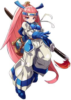 Rule 34 | 1girl, blue boots, blue eyes, boots, breasts, closed mouth, commentary request, copyright request, forehead protector, full body, grey pants, highres, holding, holding sheath, karukan (monjya), katana, medium breasts, pants, pink hair, ponytail, sheath, sheathed, simple background, solo, standing, standing on one leg, sword, weapon, white background