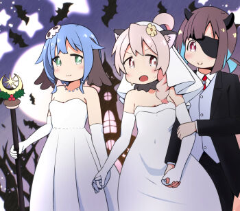 3girls :3 :o absurdres ahoge animal_ear_fluff animal_ears arm_hug bare_shoulders bare_tree bat_(animal) blue_hair breasts bridal_veil bride brown_eyes brown_hair commentary_request crossdressing crossdressing_(ftm) dress elbow_gloves eyepatch female_focus flower formal_clothes fujimi_nemu full_moon gloves green_eyes groom hair_flower hair_ornament halloween highres holding holding_hands holding_staff holly horns hozuki_momiji interlocked_fingers jewelry long_hair moon multicolored_hair multiple_girls necklace necodaifuk one_eye_covered onii-chan_wa_oshimai! oyama_mahiro pink_hair polygamy ponytail short_hair short_ponytail skull_hair_ornament small_breasts smile staff star_(symbol) strapless strapless_dress suit tree tuxedo two-tone_hair veil wedding_dress white_dress wife_and_wife_and_wife yuri