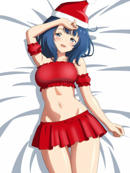 1girl arm_up armband bandeau bare_shoulders blue_eyes blue_hair blush christmas commentary_request doutanuki hat highres looking_at_viewer make_heroine_ga_oo_sugiru! miniskirt navel on_bed open_mouth pleated_skirt red_armband red_bandeau red_skirt santa_costume santa_hat skindentation skirt sweat yanami_anna