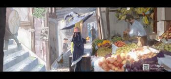 1other 2boys 2girls absurdres animal apple asteroid_ill bag banana basket beard bird black_border black_coat black_pants blonde_hair border brown_hair brown_pants cat coat day facial_hair food fruit grapes groceries hand_in_pocket hanging_food hat highres holding holding_food holding_fruit holding_shield iris_(asteroid_ill) lamp leaf letterboxed long_hair long_sleeves market market_stall melon merchant multiple_boys multiple_girls neck_ribbon original pants plant red_hair ribbon scenery shield shirt smile stairs standing stone_floor stone_stairs storefront suitcase sunlight torn vegetable very_long_hair wanted_poster watermark white_shirt wide_shot witch witch_hat