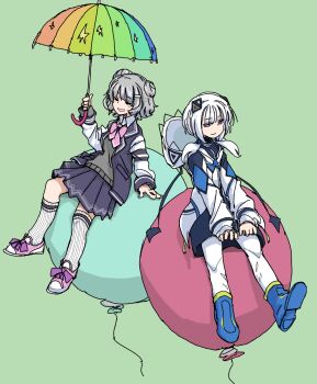 2girls balloon black_dress black_jacket black_skirt blazer blue_boots boots cevio closed_eyes closed_mouth commentary_request double_bun dress full_body green_background grey_hair grey_sweater hair_bun hair_over_shoulder half-closed_eyes hands_on_own_knees highres holding holding_umbrella hood hood_down hooded_jacket jacket kafu_(cevio) kamitsubaki_studio kneehighs koharu_rikka long_hair long_sleeves looking_at_viewer low_twintails multiple_girls open_clothes open_jacket open_mouth oversized_object pantyhose pink_shoes pleated_skirt red_eyes ribbed_socks shoes short_dress short_hair simple_background sitting sitting_on_object skirt smile socks sotobako_e sweater synthesizer_v twintails umbrella white_jacket white_pantyhose white_socks