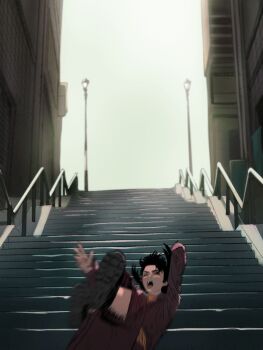 1girl backlighting batman_(series) black_footwear black_hair chainsaw_man closed_eyes joker_(2019) mitaka_asa motion_blur outdoors parody solo stairs tripping yao_liao_wang you're_doing_it_wrong