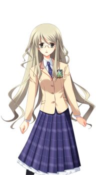 1girl blazer breasts brown_jacket chaos;head collared_shirt curly_hair dress_shirt game_cg glasses green_eyes green_hair hair_ornament hairpin jacket kusunoki_yua long_hair long_sidelocks long_skirt looking_at_viewer matsuo_yukihiro miniskirt necktie non-web_source official_art open_mouth petticoat plaid_clothes plaid_necktie plaid_skirt purple_necktie round_eyewear school_uniform science_adventure serious shirt sidelocks skirt small_breasts solo sprite suimei_academy_school_uniform transparent_background v-shaped_eyebrows very_long_hair white_shirt winter_uniform