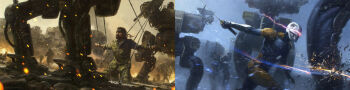 2boys armor army bgm-71_tow big_boss body_armor browning_m2 concept_art cyborg day dennis_chan drone embers eyepatch fire gecko_(metal_gear) gray_fox_(metal_gear) gun heavy_machine_gun konami machine_gun mecha mercenary metal_gear_(series) metal_gear_solid metal_gear_solid_(film) military military_uniform missile_launcher multiple_boys night official_art paramilitary robot science_fiction soldier sparks sword tactical_clothes united_states_army unmanned_ground_vehicle war weapon