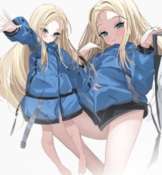 1girl absurdres arm_up barefoot blonde_hair blue_jacket blush diana_(pragmata) feet forehead green_eyes highres jacket kuwa_za leg_up loli long_hair multiple_views no_pants pragmata smile thighs toes