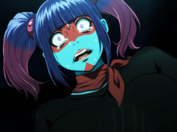 1girl anime_screenshot breasts highres kamen_rider large_breasts leotard looking_at_viewer night purple_hair ryona shocker_(kamen_rider) solo stitched surprised sweat tears third-party_edit toujima_tanzaburou_wa_kamen_rider_ni_naritai twintails yukarisu