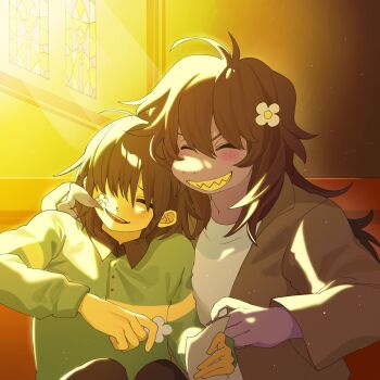 1girl 1other antenna_hair blush brown_hair brown_jacket church closed_eyes colored_skin colored_teeth commentary deltarune fingernails flower_sticker furry green_shirt grin hair_over_one_eye hashtag-only_commentary highres holding holding_paper holding_sticker indoors jacket kris_(deltarune) light_particles light_rays long_hair long_sleeves momonga_damon monster_girl one_eye_covered open_mouth paper pew purple_skin scene_reference sharp_fingernails sharp_teeth shirt sitting smile stained_glass sticker sticker_on_face striped_clothes striped_shirt susie_(deltarune) teeth utdr_(toby_fox) white_shirt wing_collar yellow_skin yellow_teeth