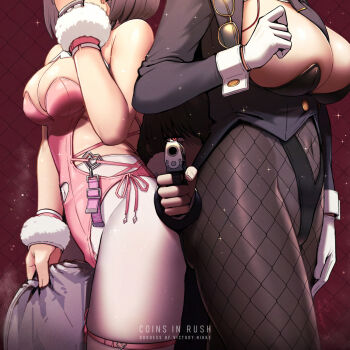 1boy 2girls ade_(agent_bunny)_(nikke) ade_(nikke) aiming aiming_at_viewer ass ass-to-ass between_breasts black_hair black_leotard black_necktie breasts commander_(nikke) eyewear_hang fishnet_pantyhose fishnets gloves goddess_of_victory:_nikke gun handgun highres holding holding_gun holding_weapon large_breasts leotard medium_breasts milk_(blooming_bunny)_(nikke) milk_(nikke) multiple_girls necktie necktie_between_breasts official_alternate_costume pantyhose pink_leotard playboy_bunny red_background sawasa unworn_eyewear weapon white_gloves white_pantyhose wrist_cuffs