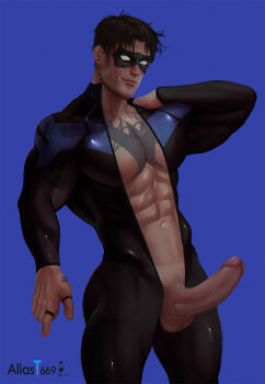 1boy abs aliast669 artist_name bara batman_(series) black_bodysuit black_hair blue_background blue_bodysuit bodysuit chest_tattoo closed_mouth dc_comics dick_grayson domino_mask erection eye_mask highres jewelry large_pectorals male_focus mask multicolored_bodysuit muscular muscular_male navel nightwing open_bodysuit open_clothes pectorals penis ring short_hair simple_background smile solo tattoo thick_thighs thighs two-tone_bodysuit uncensored