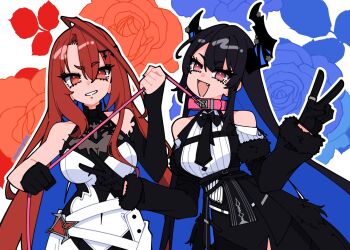 2girls ahoge animal_collar asymmetrical_horns bare_shoulders black_coat black_gloves black_hair black_horns black_sleeves blue_flower blue_hair blue_rose breast_strap breasts cleavage coat collar collared_halterneck colored_inner_hair commentary demon_horns detached_sleeves double_v dress dress_shirt eastside_9366 elizabeth_rose_bloodflame elizabeth_rose_bloodflame_(1st_costume) english_commentary fang floral_background flower fur-trimmed_sleeves fur_trim gloves hair_between_eyes halter_dress halterneck highres holding holding_leash hololive hololive_english horn_flower horns huge_ahoge leash long_hair mole mole_under_eye multicolored_hair multiple_girls nerissa_ravencroft nerissa_ravencroft_(1st_costume) open_mouth outline pink_collar red_eyes red_flower red_hair red_rose ribbed_shirt rose rose_background see-through_cleavage see-through_clothes shirt short_eyebrows sidelocks single_detached_sleeve smile two-tone_hair uneven_horns v vest virtual_youtuber waistcoat white_dress white_outline white_shirt