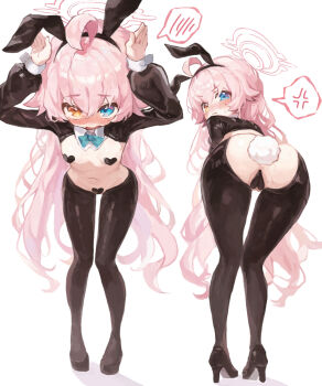 1girl ahoge anal_beads anal_tail animal_ears ass black_thighhighs blue_archive blue_eyes blush breasts butt_plug cameltoe covered_erect_nipples covered_pussy fake_animal_ears fake_tail halo heart_pasties heterochromia high_heels highres hoshino_(blue_archive) loli long_hair looking_at_viewer looking_back navel orange_eyes pasties pink_hair rabbit_ears rabbit_tail reverse_bunnysuit reverse_outfit sex_toy shoes small_breasts standing stomach tail thighhighs utsubo_(xjnh7234)