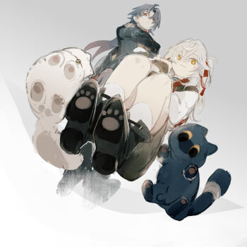 aged_down alternate_costume blade_(honkai:_star_rail) blue_hair cat crossed_arms from_below glass_floor highres honkai:_star_rail honkai_(series) jing_yuan long_hair long_sleeves looking_at_viewer male_focus mississipping multiple_boys ponytail red_ribbon ribbon shoe_soles sitting socks squatting white_hair yellow_eyes
