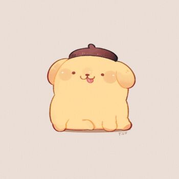 :3 commentary grey_background no_humans pompompurin sanrio solo symbol-only_commentary tenmiyakiyo tongue tongue_out