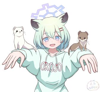 1girl alternate_costume animal_ears animal_on_arm artist_name blue_archive blue_eyes blue_hair blue_halo blue_hoodie drawstring hair_ornament hairclip halo head_tilt highres hood hoodie long_sleeves mugisepa open_mouth shigure_(blue_archive) short_hair simple_background smile solo stoat_girl upper_body weasel weasel_ears weasel_girl white_background