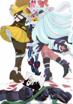 Rule 34 | 1boy, 2girls, androgynous, arm up, back cutout, black boots, black dress, black leggings, black necktie, black shoes, black skirt, blood, blood on arm, blood on ground, blood on hands, blue hair, blunt bangs, blurry, blurry background, book, boots, bow, brown hair, chromatic aberration, clenched hand, closed eyes, clothing cutout, collared shirt, cone hair bun, cross-laced clothes, cross-laced dress, crying, dress, drill hair, fire emblem, fire emblem engage, floating hair, footwear bow, from behind, fur-trimmed skirt, fur trim, goldmary (fire emblem), green necktie, hair bow, hair bun, hair horns, hair over shoulder, highres, holding, holding book, hooded top, hortensia (fire emblem), hug, jacket, jacket on shoulders, leggings, leggings under skirt, loafers, locked arms, long hair, miniskirt, multicolored hair, multiple girls, necktie, nintendo, open mouth, pantyhose, photo (object), pink hair, pleated skirt, purple bow, quad drills, raised eyebrows, red bow, red pantyhose, rosado (fire emblem), sasaki (dkenpisss), school uniform, shirt, shoes, simple background, skirt, standing, striped clothes, striped pantyhose, two-tone hair, unworn shoes, vertical-striped clothes, vertical-striped pantyhose, very long hair, white background, yellow skirt