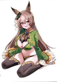 1girl :d absurdres adapted_costume animal_ears ascot bikini black_ascot black_thighhighs braid breasts brown_hair cleavage full_body green_bikini green_shrug hair_between_eyes herohero_(higashi_no_dou) highres horse_ears horse_girl large_breasts long_sleeves navel open_mouth orange_eyes satono_diamond_(natural_brilliance)_(umamusume) satono_diamond_(umamusume) scan shrug_(clothing) simple_background sitting sleeves_past_fingers sleeves_past_wrists smile solo swimsuit teeth thighhighs third-party_source umamusume upper_teeth_only wariza white_background