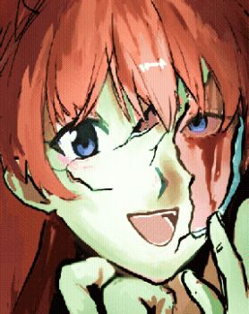 1girl blood blood_on_face blue_eyes close-up cracked_kawaii_mask hand_up highres injury long_hair looking_at_viewer m8nort neon_genesis_evangelion open_mouth orange_hair pixel_art portrait smile solo souryuu_asuka_langley teeth