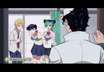 1girl 3boys black_hair blonde_hair blue_eyes bra braid braided_ponytail bun_with_braided_base chuchumimipupu clenched_hand commentary_request crossdressing diagonal-striped_clothes diagonal-striped_necktie diamond_wa_kudakenai double_bun giorno_giovanna green_bra green_eyes green_hair hair_bun higashikata_josuke highres jojo_no_kimyou_na_bouken kuujou_jolyne kuujou_joutarou letterboxed miniskirt multiple_boys navel necktie purple_hair school_uniform serafuku single_braid skirt stone_ocean striped_clothes to_be_continued underwear vento_aureo walk-in