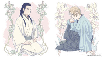 2boys bindi black_hair blonde_hair blue_shirt border closed_eyes closed_mouth earrings final_fantasy final_fantasy_vii final_fantasy_vii_remake flower full_body grey_pants hair_pulled_back half-closed_eyes half_updo hand_to_own_mouth hands_on_own_legs japanese_clothes jewelry kimono kneeling male_focus multiple_boys pants parted_bangs parted_lips pink_background rufus_shinra shirt short_hair sitting stud_earrings t3_(19841230) tseng twitter_username white_border white_flower white_kimono