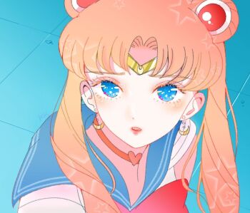 1girl bishoujo_senshi_sailor_moon blonde_hair blue_eyes blue_sailor_collar bow bowtie choker circlet commentary_request crescent crescent_earrings double_bun earrings hair_bun heart heart_choker jewelry magical_girl meme parted_bangs red_bow red_bowtie sail_ofhope sailor_collar sailor_moon sailor_moon_redraw_challenge_(meme) solo tsukino_usagi twintails