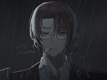 1boy beard_stubble black_coat brown_hair cigarette coat collared_shirt dim_lighting exhausted facial_hair firefist_office_(identity)_(project_moon) fogged_glasses gregor_(project_moon) highres limbus_company looking_at_viewer low_ponytail male_focus necktie official_alternate_costume orara_10 parted_lips ponytail project_moon rain red_necktie shirt sidelighting single_shoulder_pad smoke smoke_trail solo stubble wet wet_hair white_shirt yellow_eyes