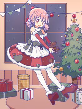 1girl :d absurdres bare_shoulders black_bow blush bow box bright_pupils christmas christmas_tree commentary detached_sleeves dress full_body fur-trimmed_shoes fur-trimmed_skirt fur_trim gift gift_box high_heels highres holding holding_stuffed_toy kaname_madoka long_sleeves looking_at_viewer low_twintails mahou_shoujo_madoka_magica mahou_shoujo_madoka_magica_(anime) open_mouth pantyhose pink_eyes pink_hair red_shoes red_skirt red_sleeves ruru_(rurumagi) santa_costume shoes short_dress short_hair short_twintails skirt sleeveless sleeveless_dress smile solo standing stuffed_animal stuffed_toy teddy_bear twintails white_dress white_pantyhose white_pupils window