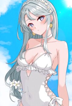 Rule 34 | 1girl, absurdres, anchor ornament, beach, blue sky, blush, breasts, casual one-piece swimsuit, choker, clothing cutout, collarbone, commentary request, cowboy shot, cross-laced clothes, cross-laced one-piece swimsuit, cutout above navel, day, earrings, flower, food-themed earrings, food themed earrings, frilled one-piece swimsuit, frills, grey eyes, grey hair, hair flower, hair ornament, hairband, highleg, highleg one-piece swimsuit, highres, jewelry, kantai collection, lemon earrings, long hair, looking at viewer, nitamako (sakamalh), o-ring, o-ring swimsuit, one-piece swimsuit, outdoors, sagiri (kancolle), sagiri (swimsuit) (kancolle), shawl, side-tie swimsuit, sky, smile, solo, swimsuit, white choker, white one-piece swimsuit