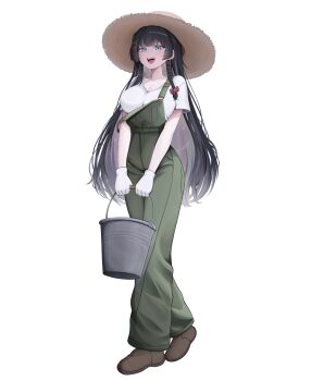 1girl absurdres black_hair blue_eyes boots bow braid breasts brown_boots bucket cleavage commentary_request full_body gloves green_overalls hair_bow hair_ornament hat heart heart_hair_ornament highres holding holding_bucket korean_commentary large_breasts long_hair open_mouth overalls red_bow shirayuki_hina shirt short_sleeves side_braid simple_background smile solo stellive strap_slip straw_hat t-shirt very_long_hair virtual_youtuber walking wallaby82walla white_background white_gloves white_shirt