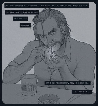 Rule 34 | 1boy, arm hair, ashtray, chest hair, collared shirt, cup, disco elysium, facial hair, facing viewer, greyscale, hair slicked back, harry du bois, head tilt, highres, holding, holding lighter, lighter, lighting cigarette, looking at viewer, male focus, monochrome, mutton chops, narrowed eyes, partially open shirt, pectoral cleavage, pectorals, shirt, short hair, smoking, solo, ssshiversss