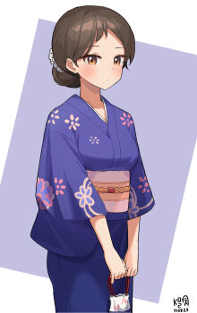 1girl blue_kimono blush brown_eyes closed_mouth cowboy_shot floral_print floral_print_kimono hair_bun highres holding idolmaster idolmaster_million_live! japanese_clothes kimono kitazawa_shiho looking_at_viewer myeolchi obi print_kimono sash simple_background single_hair_bun solo standing