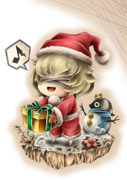 Rule 34 | 1boy, alternate costume, bandages, bandages over eyes, blind prince, blonde hair, box, chibi, christmas, crown, eighth note, flower, gift, gift box, gradient background, hat, hidefu kitayan, holding, holding box, male focus, mini crown, mittens, musical note, outline, raccoon, red mittens, santa costume, santa hat, scarf, snow, solo, spoken musical note, standing, standing on one leg, usotsuki hime to moumoku ouji