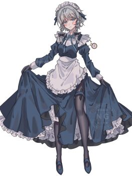 Rule 34 | 1girl, amatukimahoro, apron, black bow, black gloves, black shoes, blue bow, blue bowtie, blue dress, blue eyes, blush, bow, bowtie, braid, brown pantyhose, closed mouth, commentary request, dress, full body, gloves, grey hair, hair bow, highres, izayoi sakuya, juliet sleeves, long hair, long sleeves, looking at viewer, maid, maid headdress, pantyhose, pinafore dress, pocket watch, puffy sleeves, shoes, side slit, sketch, skirt hold, sleeveless, sleeveless dress, solo, thigh strap, touhou, twin braids, waist apron, watch, white apron