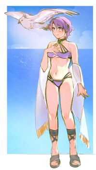 Rule 34 | 1girl, absurdres, akatsuki no kiseki, artist name, bikini, bird, black sandals, blue sky, blush, breasts, closed mouth, cloud, cloudy sky, commentary, dated, eiyuu densetsu, english commentary, falcon, full body, gem, green gem, hair ornament, highres, kloe rinz, leorlontyan, looking up, medium breasts, multi-strapped bikini bottom, multi-strapped bikini top, navel, ocean, official alternate costume, outside border, purple bikini, purple eyes, purple hair, sandals, shawl, short hair, sieg (eiyuu densetsu), signature, sky, smile, solo, sora no kiseki, standing, stomach, swimsuit, white shawl