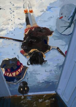 absurdres asymmetrical_legwear bandaged_leg bandages brown_hair cape cat chomusuke commentary_request doorway dress fingerless_gloves gloves hat highres kono_subarashii_sekai_ni_shukufuku_wo! koukouya megumin mismatched_legwear open_door pov red_dress red_prison_magic_school_uniform school_uniform single_thighhigh snow snowman staff thighhighs witch_hat