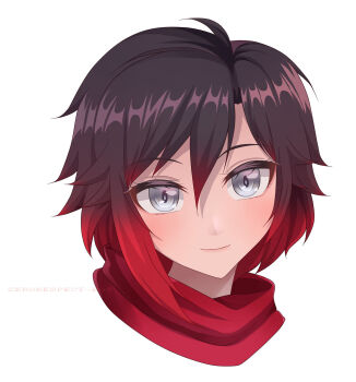 1girl artist_name black_hair blush closed_mouth cropped_head eyelashes gradient_hair grey_eyes hair_between_eyes highres multicolored_hair portrait red_hair ruby_rose rwby short_hair simple_background smile solo white_background zephylyne