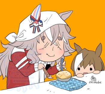 Rule 34 | 2girls, black eyes, brown hair, cheval grand (umamusume), closed eyes, closed mouth, commentary request, ear covers, grey hair, hair bobbles, hair ornament, headscarf, horse girl, jacket, long hair, long sleeves, multicolored jacket, multiple girls, onikobe rin, open mouth, orange background, red jacket, simple background, single ear cover, smile, solid circle eyes, thick eyebrows, tracen training uniform, two-tone jacket, umamusume, upper body, white hair, white headscarf, white jacket, wonder acute (umamusume)