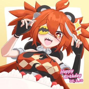 1girl absurdres ahoge animal_ears bare_shoulders bear_ears black_gloves breasts commentary_request crop_top deiku_(day9_fujimiya) eyepatch fake_animal_ears fingerless_gloves gloves hair_between_eyes hair_ornament highres holding koleda_belobog long_hair looking_at_viewer navel open_mouth red_eyes red_hair solo sphere_hair_ornament twintails zenless_zone_zero