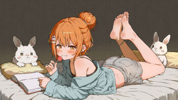 1girl absurdres barefoot blush book candy dolphin_shorts feet food grin hair_bun highres lollipop long_hair looking_at_viewer lying on_stomach orange_eyes orange_hair qiufengxiaose rabbit shorts smile soles the_pose toes