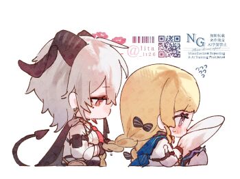 Rule 34 | 2girls, arm pouch, black bow, black gloves, black horns, black jacket, black tail, blonde hair, blue eyes, blue sash, blush, bow, braid, breasts, chibi, chibi only, commentary, curled horns, demon tail, earrings, flying sweatdrops, from side, gloves, grey hair, hair bow, hat, holding, holding unworn clothes, holding unworn hat, horns, jacket, jacket on shoulders, jewelry, key earrings, long hair, lt26, medium breasts, mole, mole under eye, multiple girls, necktie, no mouth, phoebe (wuthering waves), red eyes, red necktie, sash, shirt, simple background, sweatdrop, symbol-only commentary, tail, tying another's hair, unworn hat, unworn headwear, upper body, watermark, white background, white hat, white shirt, wuthering waves, zani (wuthering waves)