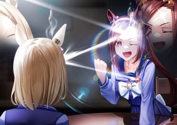 Rule 34 | 2girls, animal ears, blonde hair, bow, bowtie, breasts, brown hair, collarbone, commentary, ear covers, english commentary, flower in eye, gold hairband, hairband, head steam, highres, horse ears, horse girl, long hair, long sleeves, manjo (warito), medium breasts, medium hair, multiple girls, narita top road (umamusume), one eye closed, open mouth, pleated skirt, ponytail, purple eyes, purple sailor collar, purple serafuku, purple shirt, purple skirt, sailor collar, sailor shirt, sakura bakushin o (umamusume), school uniform, serafuku, shirt, single ear cover, skirt, smile, steaming body, symbol in eye, table, tracen school uniform, umamusume, white bow, white bowtie