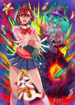 1boy 2girls arm_around_waist ayase_momo banana belt belt_buckle black_choker blue_sky bow bowtie brown_eyes brown_hair buckle choker commentary crossed_bangs dandadan earrings english_commentary feet_out_of_frame food fruit gakuran glasses hair_between_eyes highres jewelry kami_high_school_uniform kodama_creative long_sleeves looking_at_viewer maneki-neko mask miniskirt mouth_mask multicolored_hair multiple_girls ofuda open_hands open_mouth outstretched_arm pink_sweater pleated_skirt red_bow red_bowtie red_eyes red_hair round_eyewear school_uniform shirt short_hair signature skirt sky socks sparkle sweater takakura_ken_(dandadan) takakura_ken_(transformed)_(dandadan) talisman transformation turbo_granny_(dandadan) two-tone_hair ufo white_hair white_shirt white_socks wing_collar